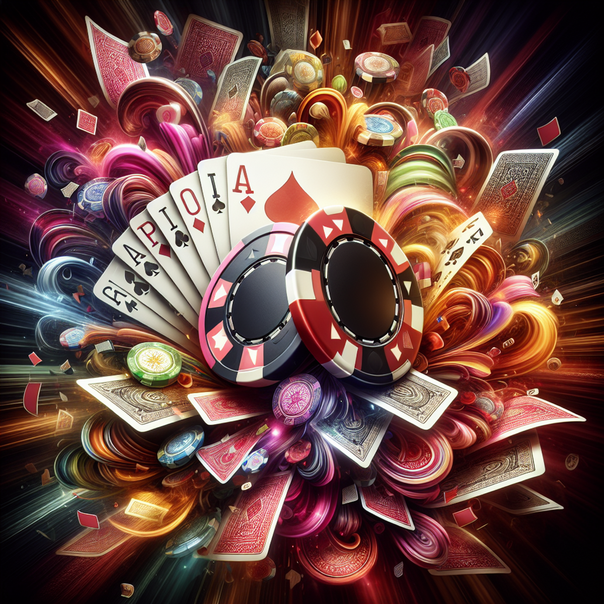 A close-up photograph of a casino chip surrounded by a spread of colorful playing cards, evoking the vibrant and electrifying atmosphere of a bustling