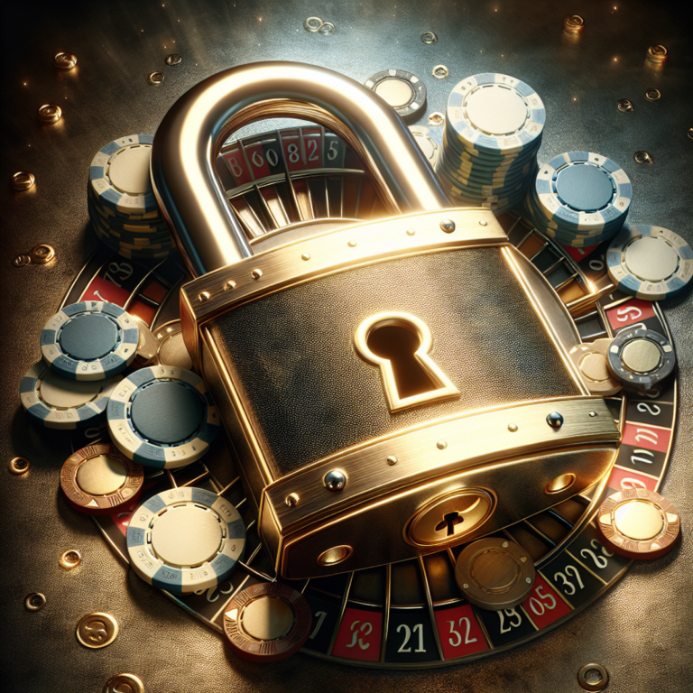A golden padlock with a background hinting at online gaming or betting, featuring chips, cards, or a roulette wheel.