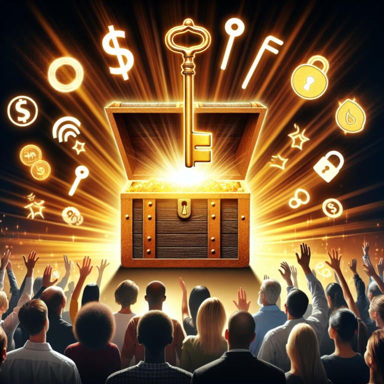 A group of diverse people reaching excitedly towards a glowing treasure chest being unlocked by a golden key.